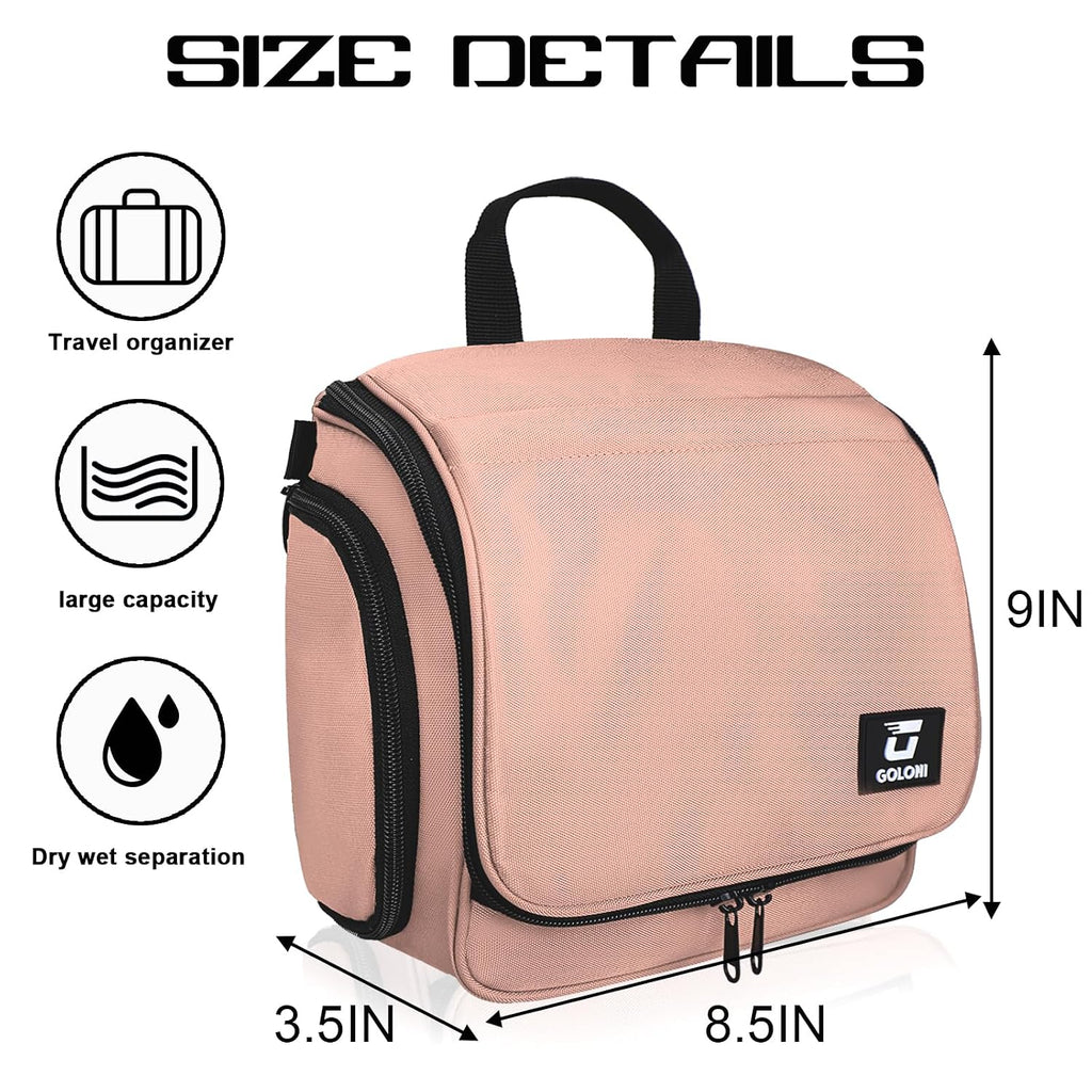Goloni Hanging Toiletry Bag for Men Women, Water-Resistant Organizer,Pink