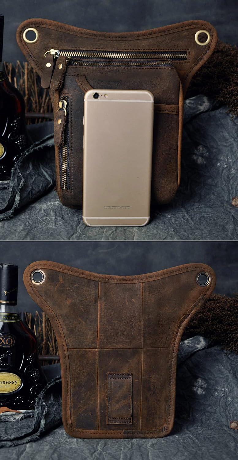 Le'aokuu Mens Genuine Leather Outdoor Sporting Hicking Waist Hip Pack Messenger Shoulder Drop Leg Thigh Bag Pouches For Women (211-5 0 Dark Brown)