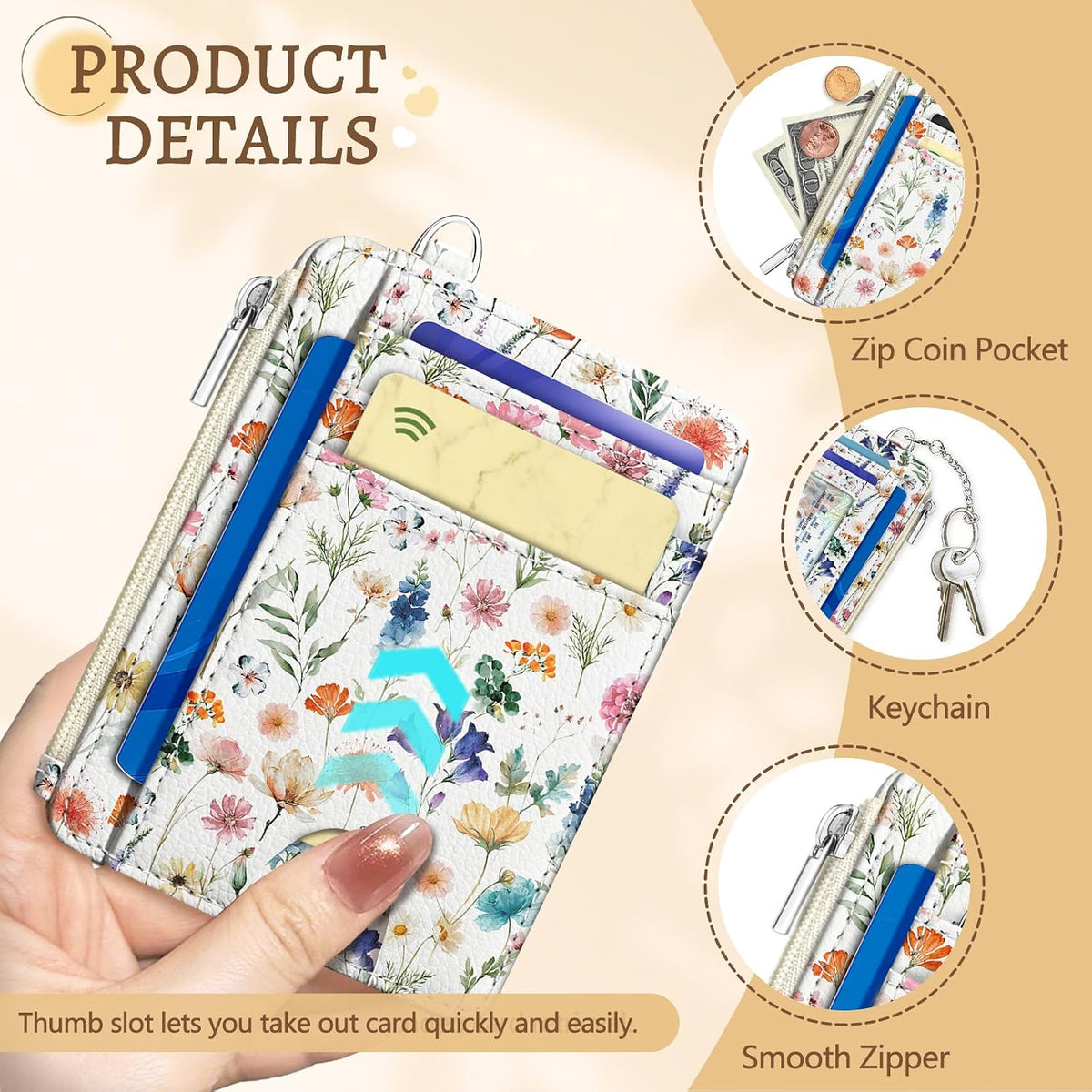 Kelvoris Credit Card Holder Small Wallet Women, Slim RFID, Flowers Leaves