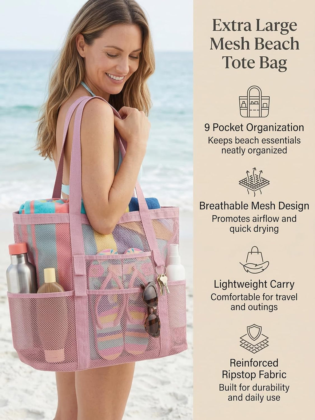 Mesh Beach Bag with 9 Pockets for Family Pool Days and Travel