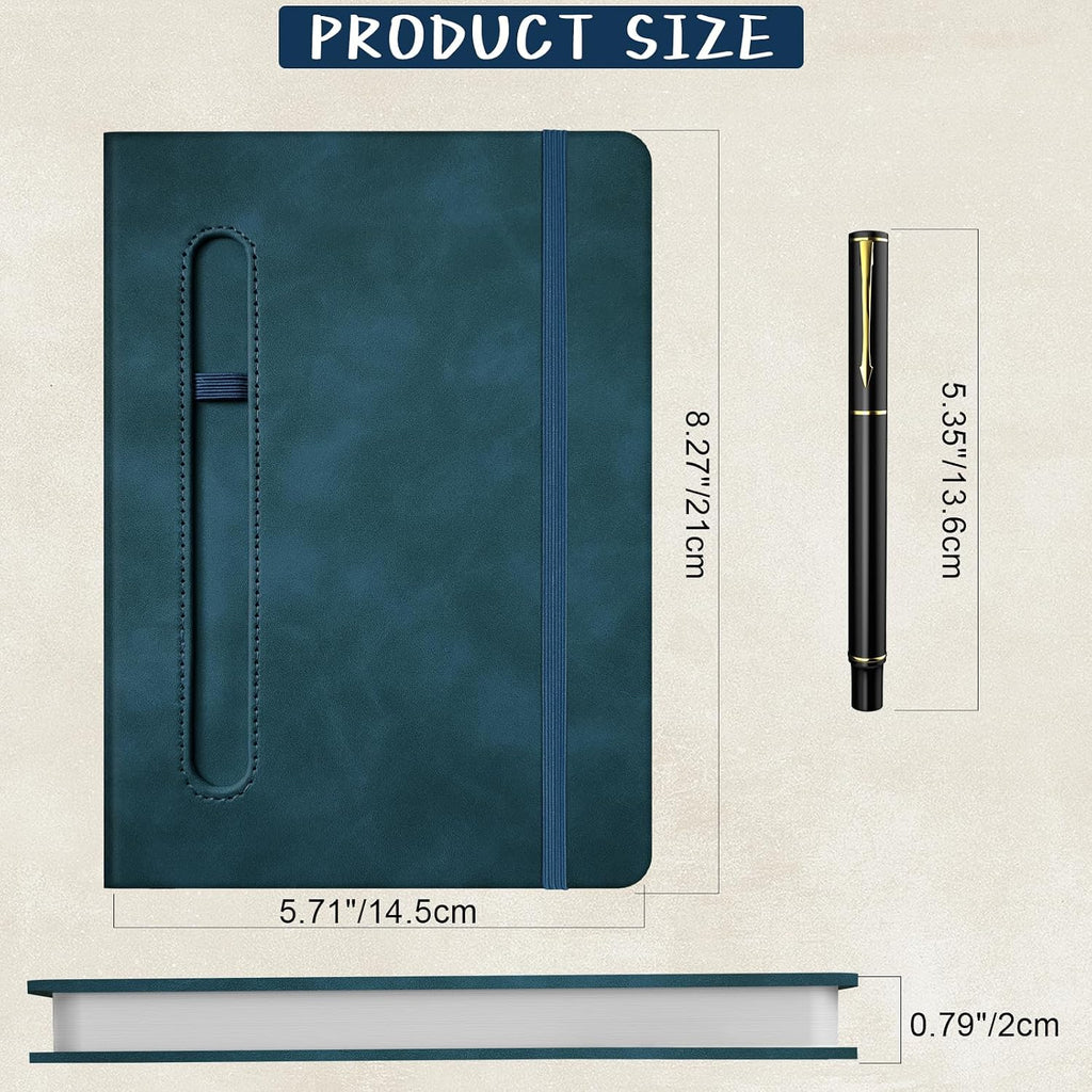 A5 Leather Notebook with Pen and Pen Holder, 224 Pages 100 GSM Thick Lined Paper Hardcover Journal for Men Women, College Ruled Daily Diary for Work Business School Travel - Navy Blue