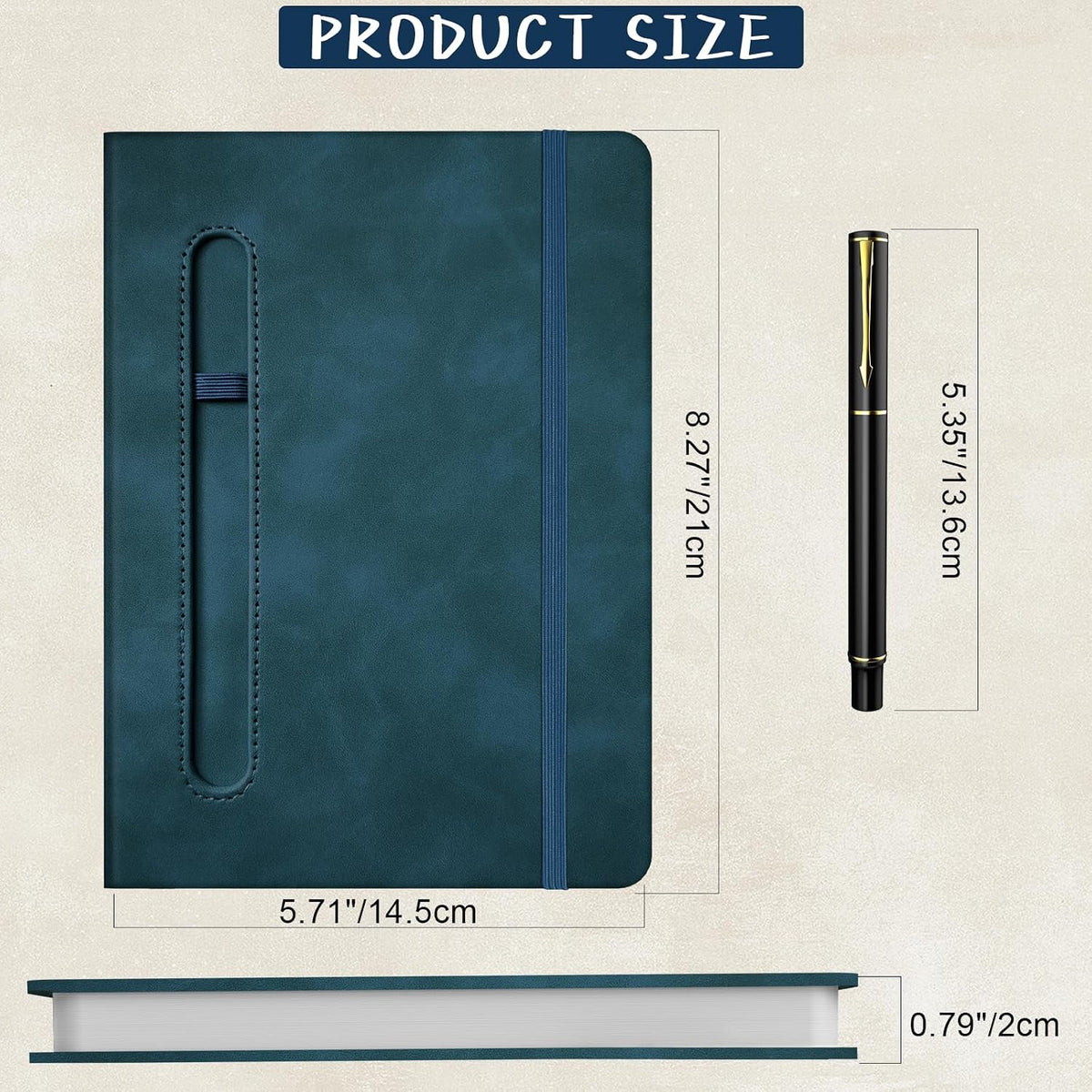 A5 Leather Notebook with Pen and Pen Holder, 224 Pages 100 GSM Thick Lined Paper Hardcover Journal for Men Women, College Ruled Daily Diary for Work Business School Travel - Navy Blue
