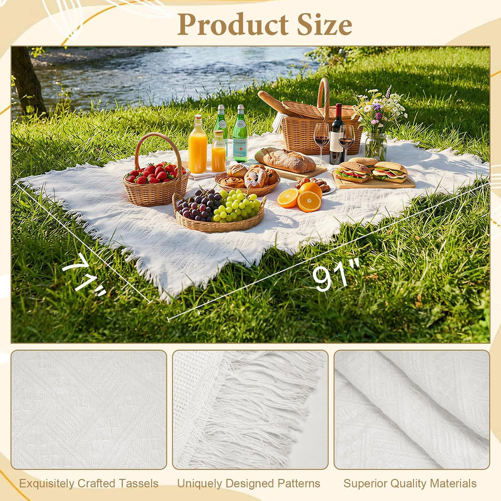 91 x 71 Inch Large White Picnic Blanket, Outdoor Picnic Blanket with Fringe, Soft Cotton Woven Blanket Picnic, Lightweight Foldable Blanket Picnic for Beach, Park, Camping (White Diamond Pattern)
