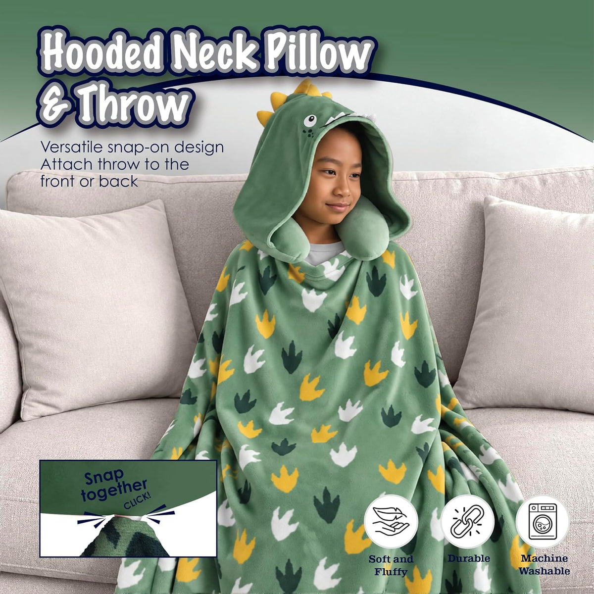 B Kids 3D Animal Hooded Neck Pillow & Throw Set, Green