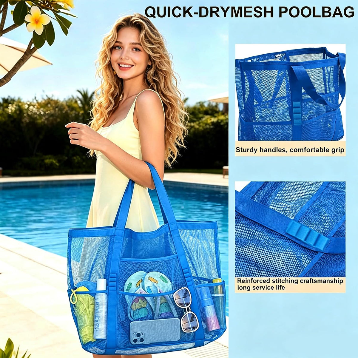 SUPACOOL Large Mesh Beach Bag for Men and Women, Beach Tote Bag for Family,Pool bag, with a Waterproof Zipper Pocket