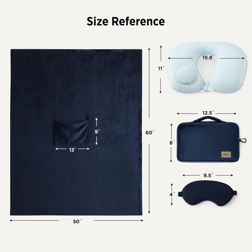 Bedsure Travel Blanket Set with Inflatable Neck Pillow and Eye Mask, Navy