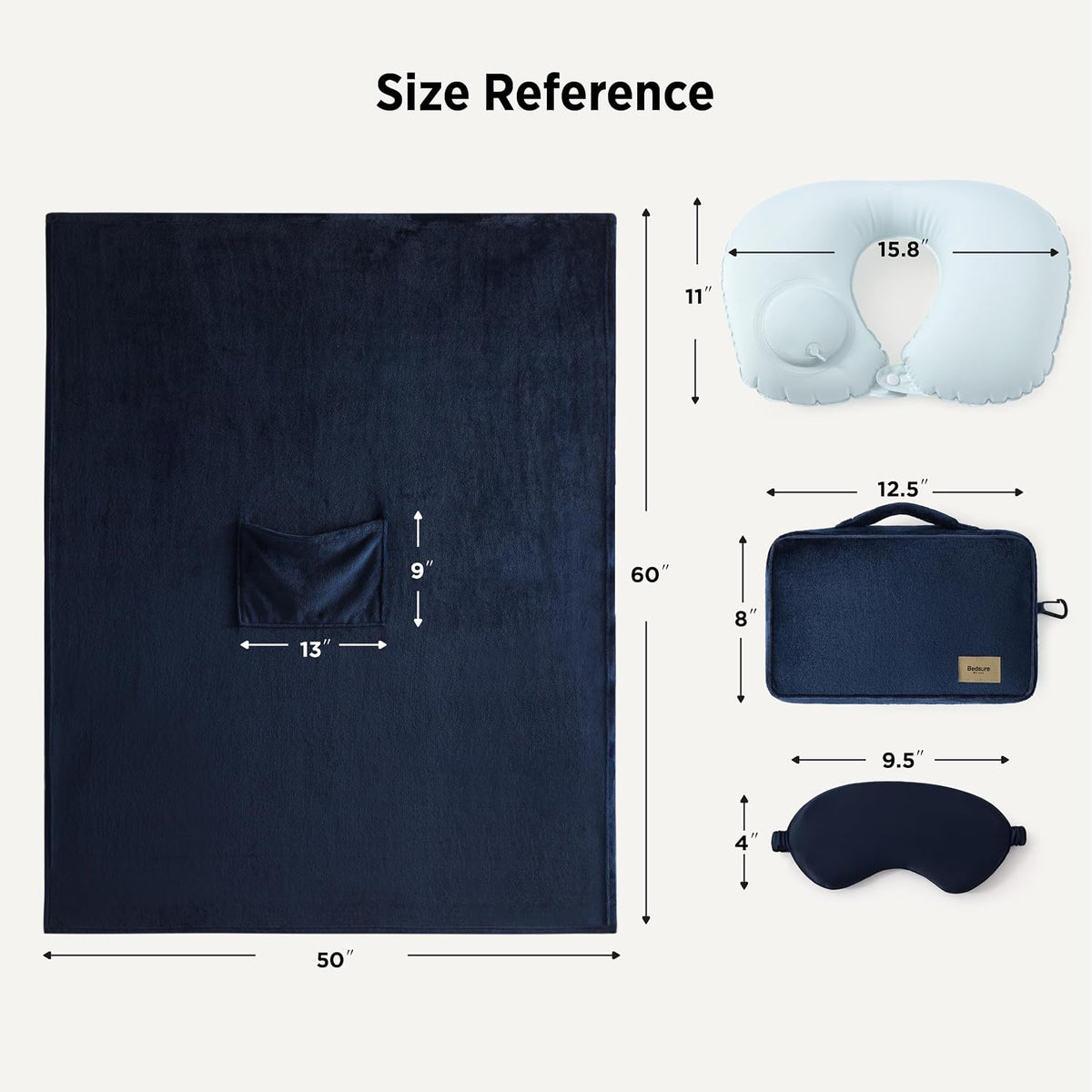 Bedsure Travel Blanket Set with Inflatable Neck Pillow and Eye Mask, Navy
