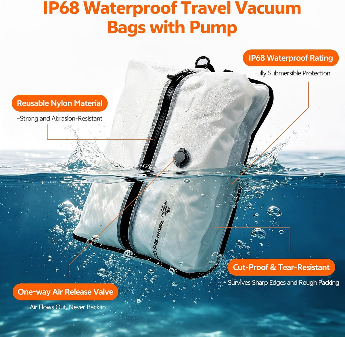 18L Travel Vacuum Bags with Electric Pump, 2 Pack Bag, White