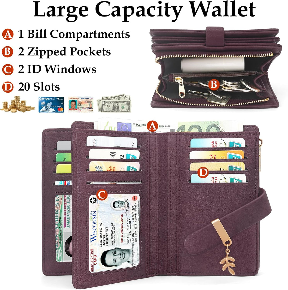 Womens RFID Blocking Trifold Wallet PU Leather Card Holder Burgundy