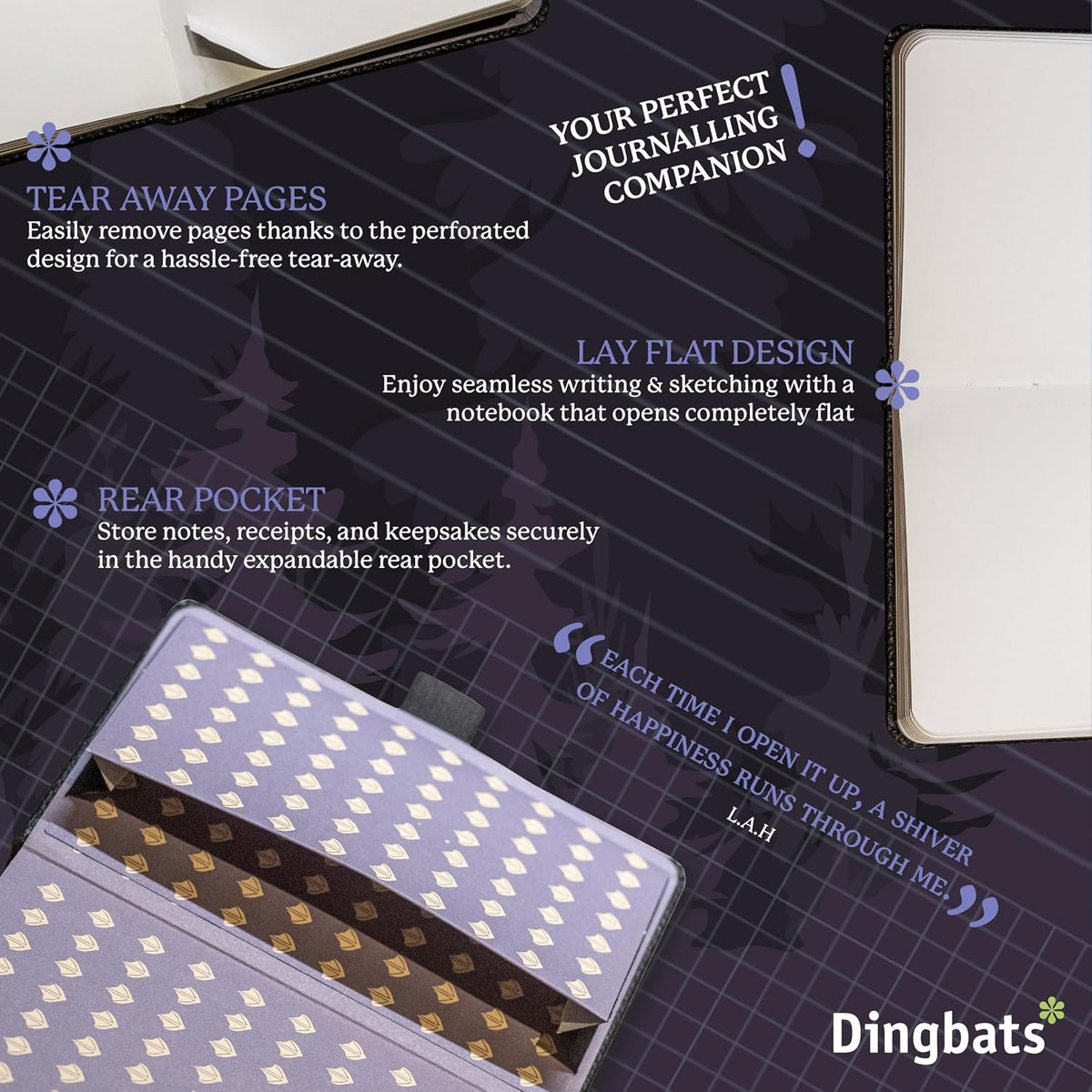 Dingbats* Wildlife A6 Grid Pocket Notebook - PU Leather Hardcover - Small Writing Journal for Work, Travel - Pocket, Elastic Closure, Bookmark