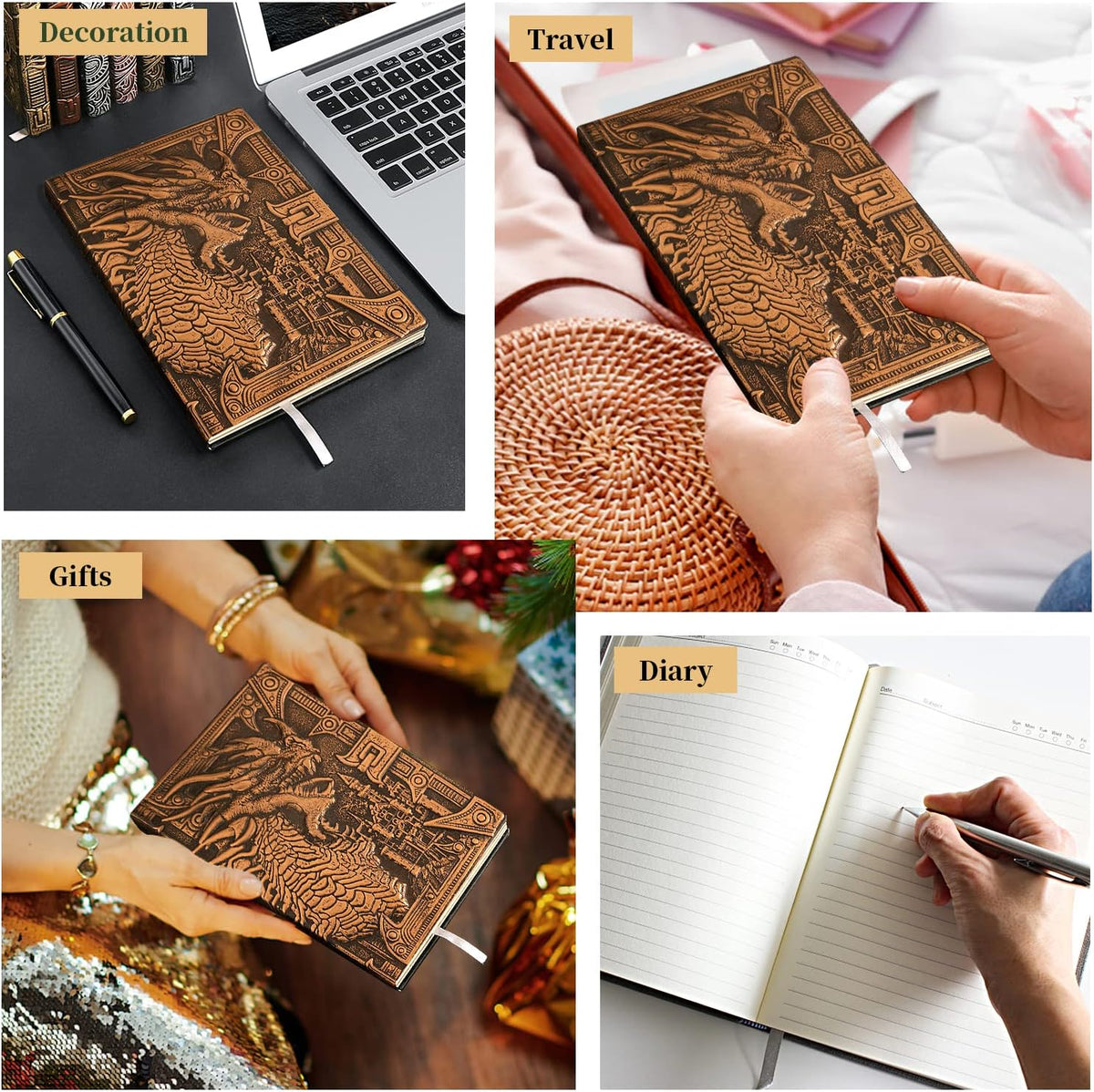 DND Dungeon and Dragon Notebook 3D Embossed Leather Dragon Journal with Black Ballpoint Pen &Pen Sleeve,A5 Vintage Travel Diary D&D Writing Notebook for Hardcover Journal Women&Men (Red Copper)