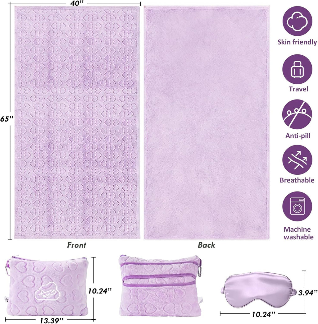 Travel Blanket, Airplane Blanket, Ultra-Soft, Warm & Lightweight, 65x40 in, Outdoor Blanket Essentials for Women, Men & Kids, Included Eye Mask, Luggage Sleeve & Backpack Clip Heart Purple