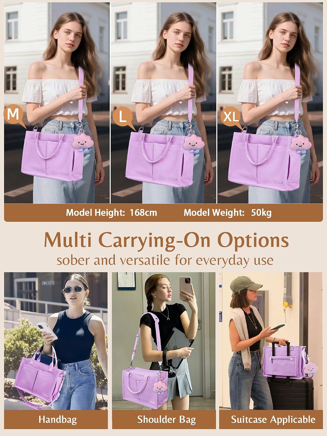 BESBESME Canvas Tote Bag for Women with Zipper, Work Laptop Purse with Compartments & Luggage Sleeve, Adjustable Strap
