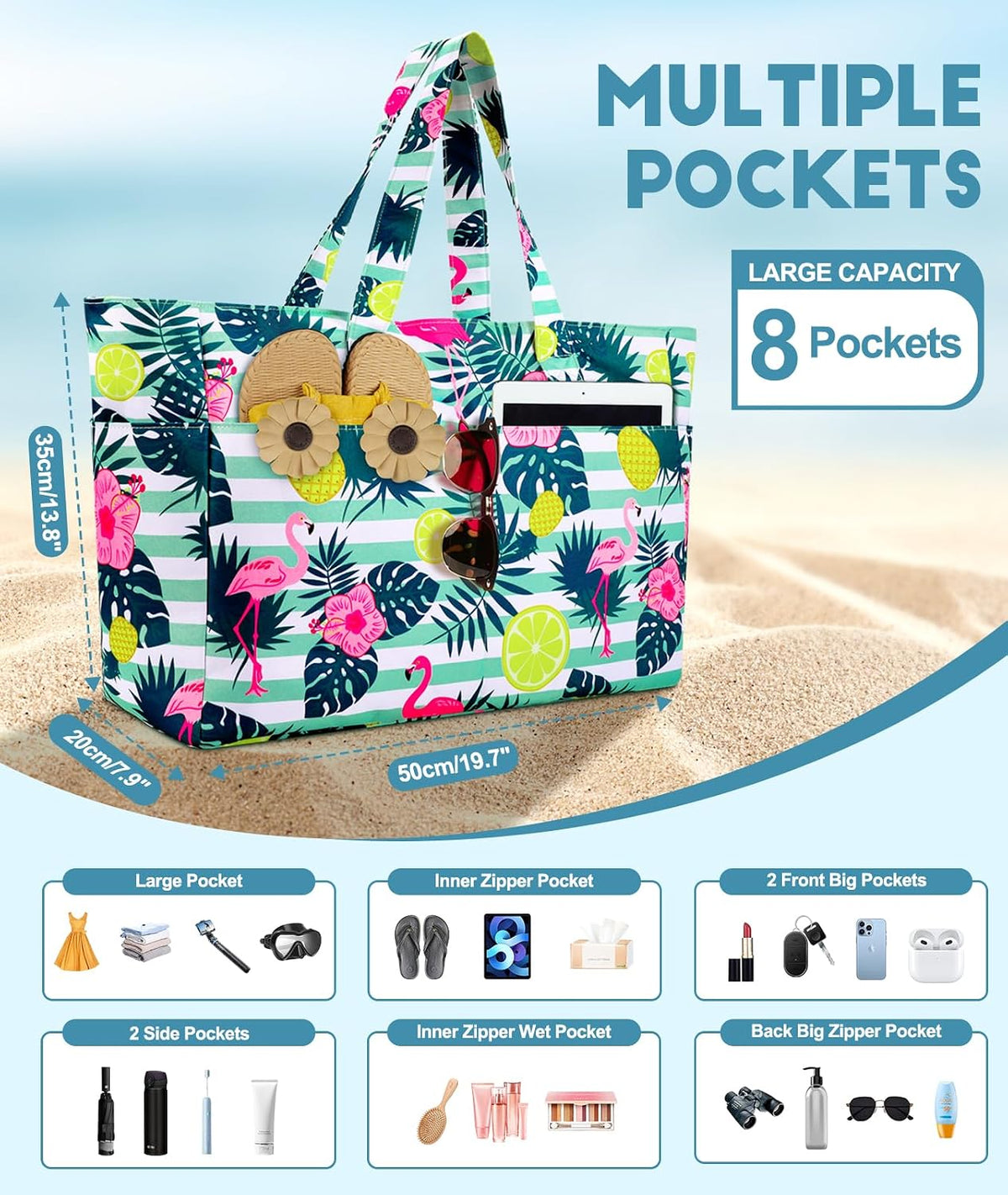 ISEYOU Extra Large Beach Bag Waterproof Beach Totes Bags for Women, Lightweight Foldable Pool Bag with Zipper Wet Compartment