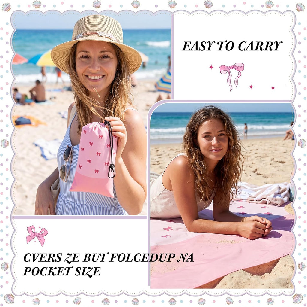 Tingjoo Beach Blanket 83"x79", Waterproof Sandproof Pink Bow with Stakes