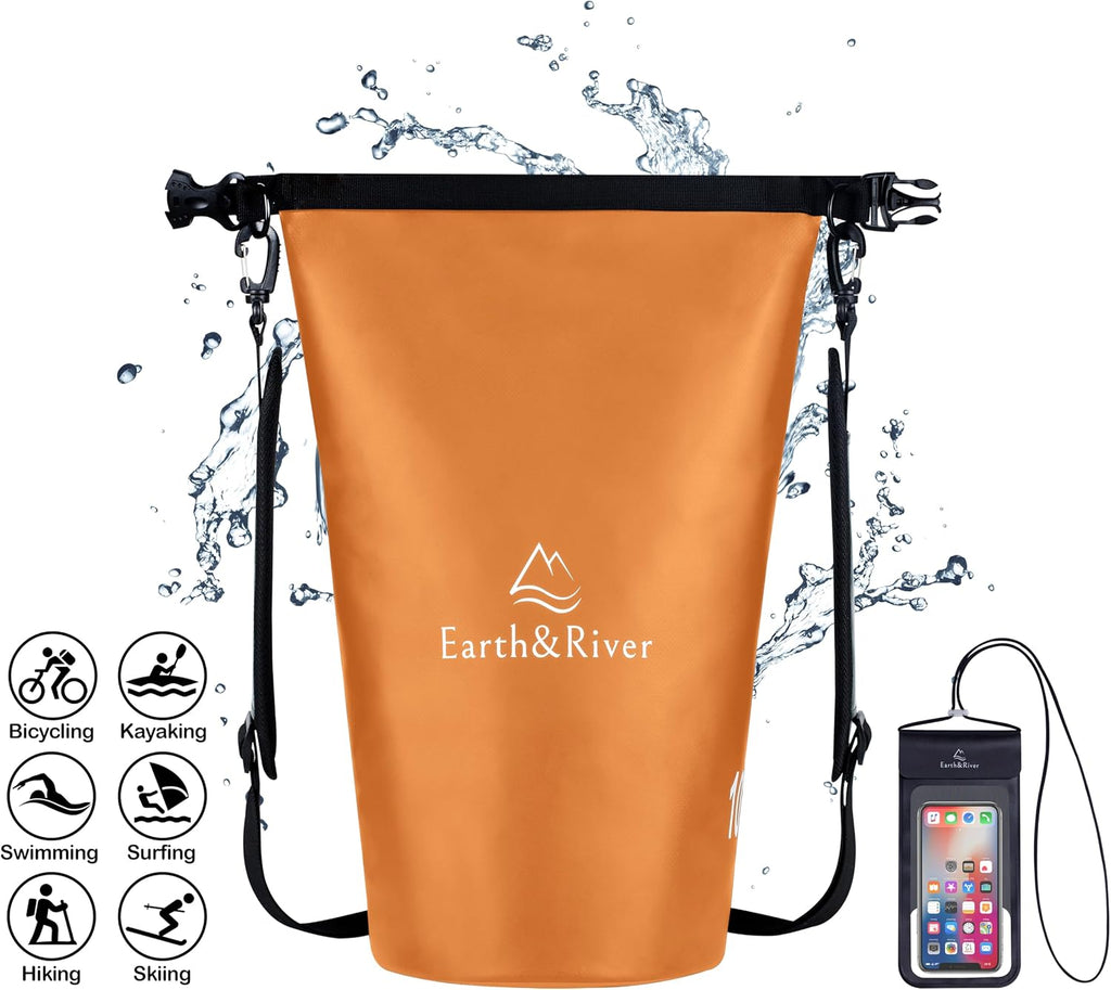 EARTH&RIVER Premium Waterproof Dry Bag Backpack, Extra Thick, Protection for All Water Activities & Camping, Floating Lightweight Dry Bag & IPX8 Waterproof Phone Case (Orange, 10L)
