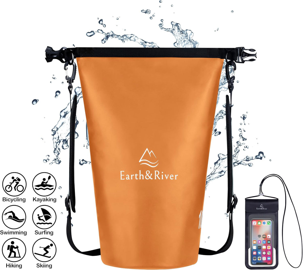 EARTH&RIVER Premium Waterproof Dry Bag Backpack, Extra Thick, Protection for All Water Activities & Camping, Floating Lightweight Dry Bag & IPX8 Waterproof Phone Case (Orange, 10L)