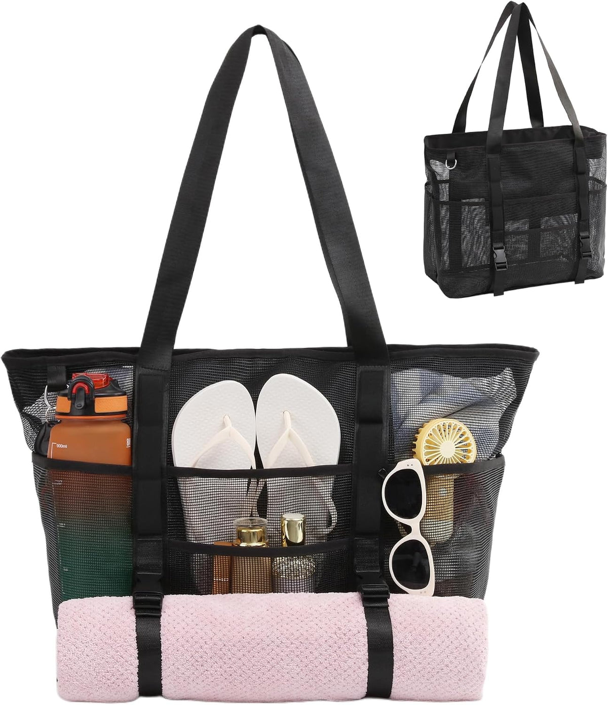 Large Mesh Beach Tote Bag with Top Zipper