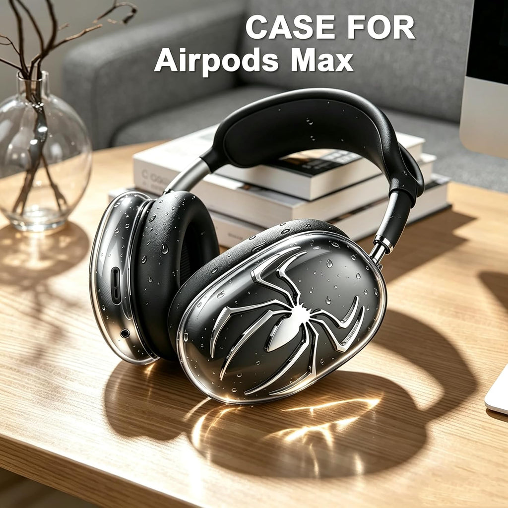 [4 in 1] Case Cover for AirPods Max 2/1 (2026/2024/2020) Ear Pad Case Cover/Headband Cover/Ear Cups with 3D Spider Chrome Emblems Badges for Apple AirPods Max Headphones (Black Case Sets)