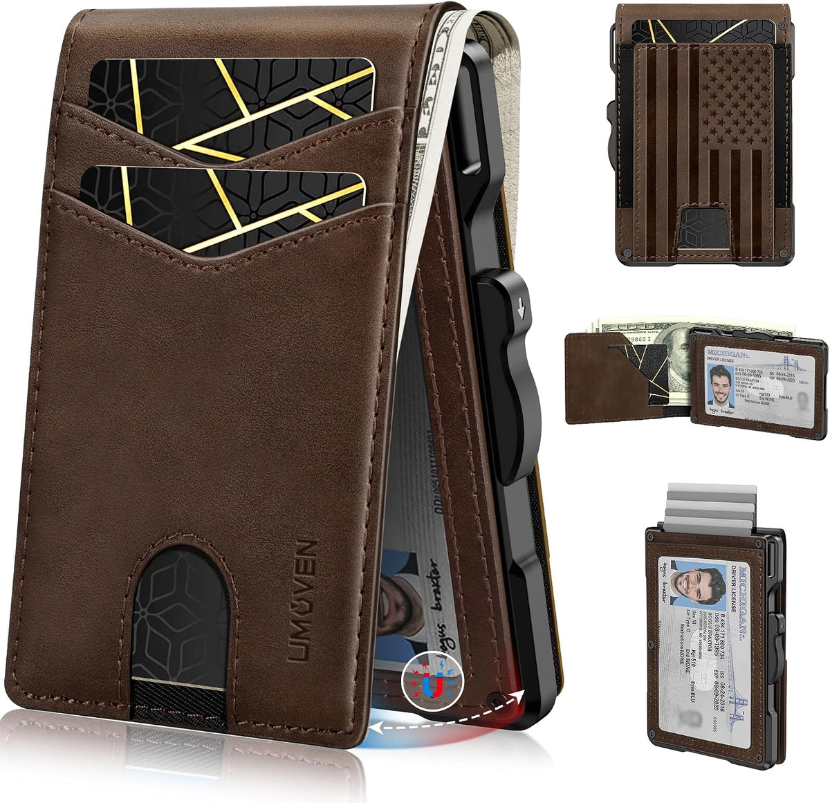 umoven Wallet for Men Minimalist RFID‑Blocking Slim Leather Card Holder Cash Slot (Coffee Brown)