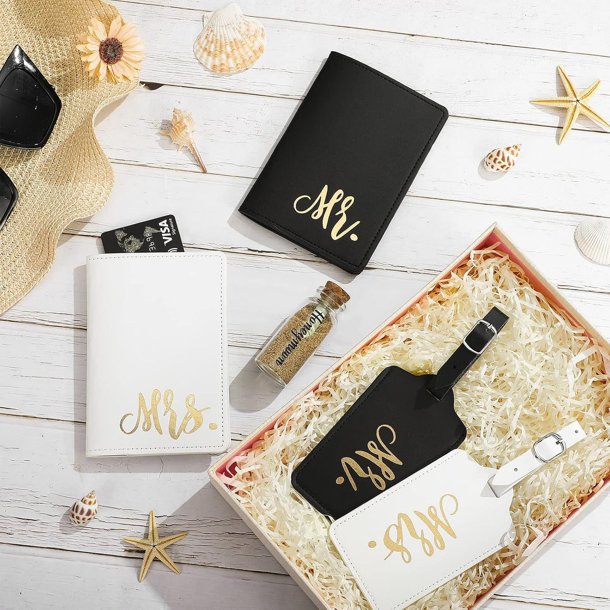 Saintrygo 5 Pcs Mr and Mrs Passport Holder Luggage Tags Honeymoon Set
