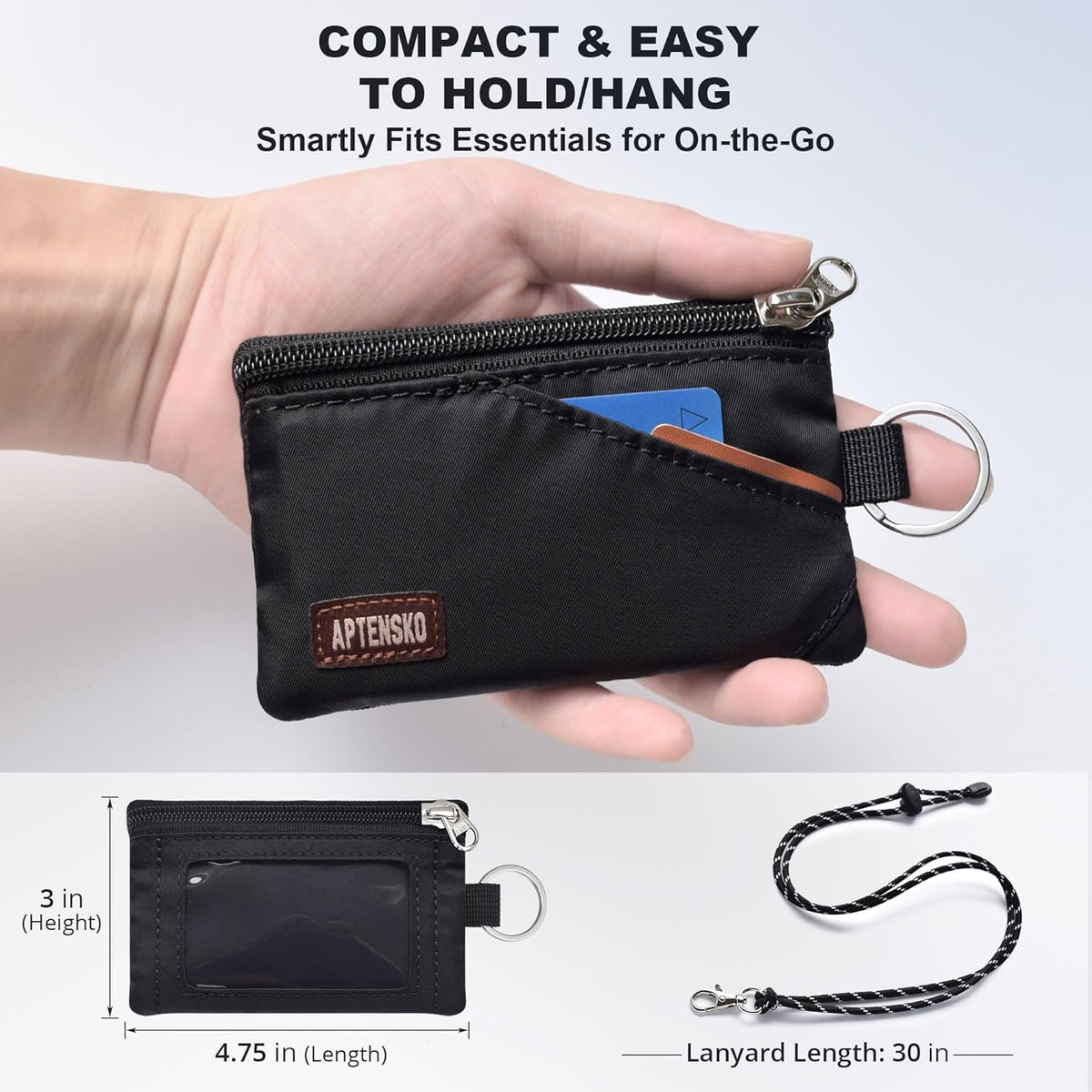 RFID Blocking Travel Wallet with Adjustable Lanyard, Small Nylon Zipper Pouch and Badge Holder for ID, Credit Cards, Cash, Keys, Commuters (Black)