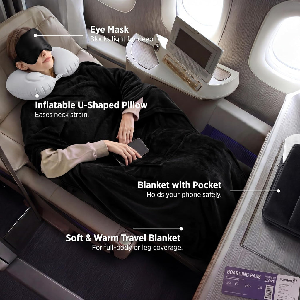 Bedsure Travel Blanket Set with Inflatable Neck Pillow and Eye Mask, Black