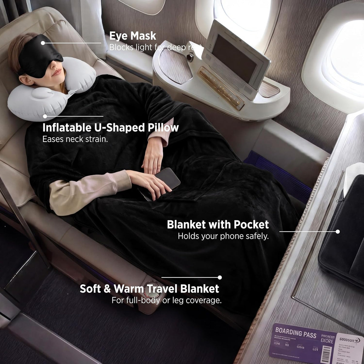 Bedsure Travel Blanket Set with Inflatable Neck Pillow and Eye Mask, Black