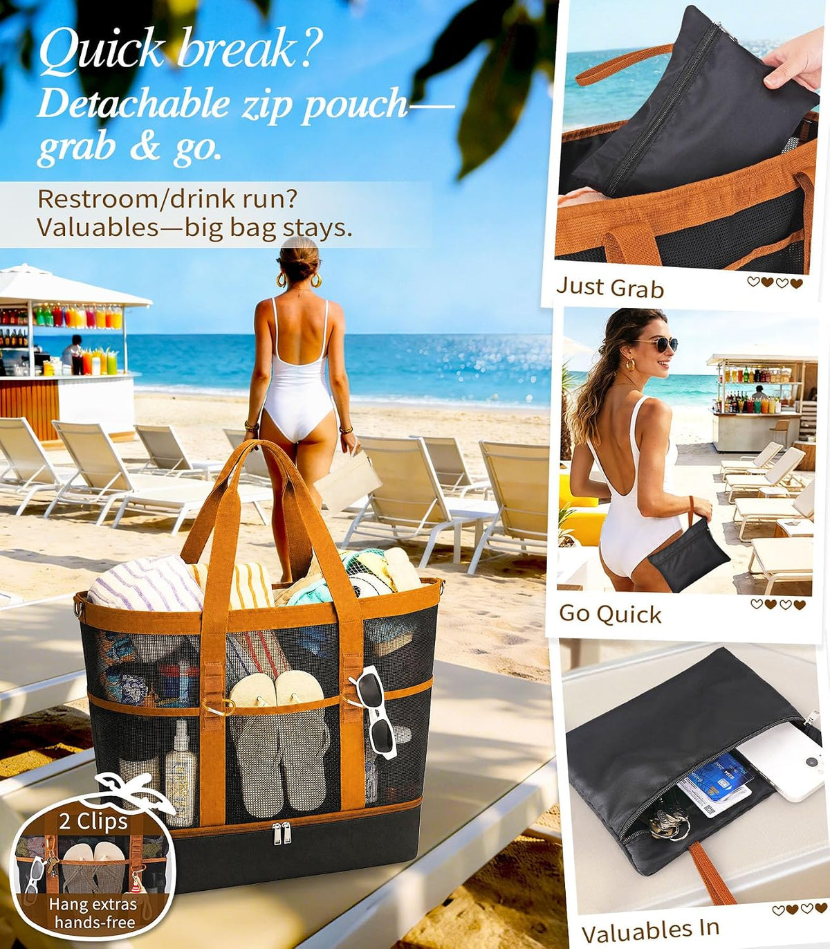 2-in-1 Mesh Beach Bag with Cooler for Women, Extra Large Beach Tote with Zipper, 11 Pockets, Adjustable Shoulder Strap
