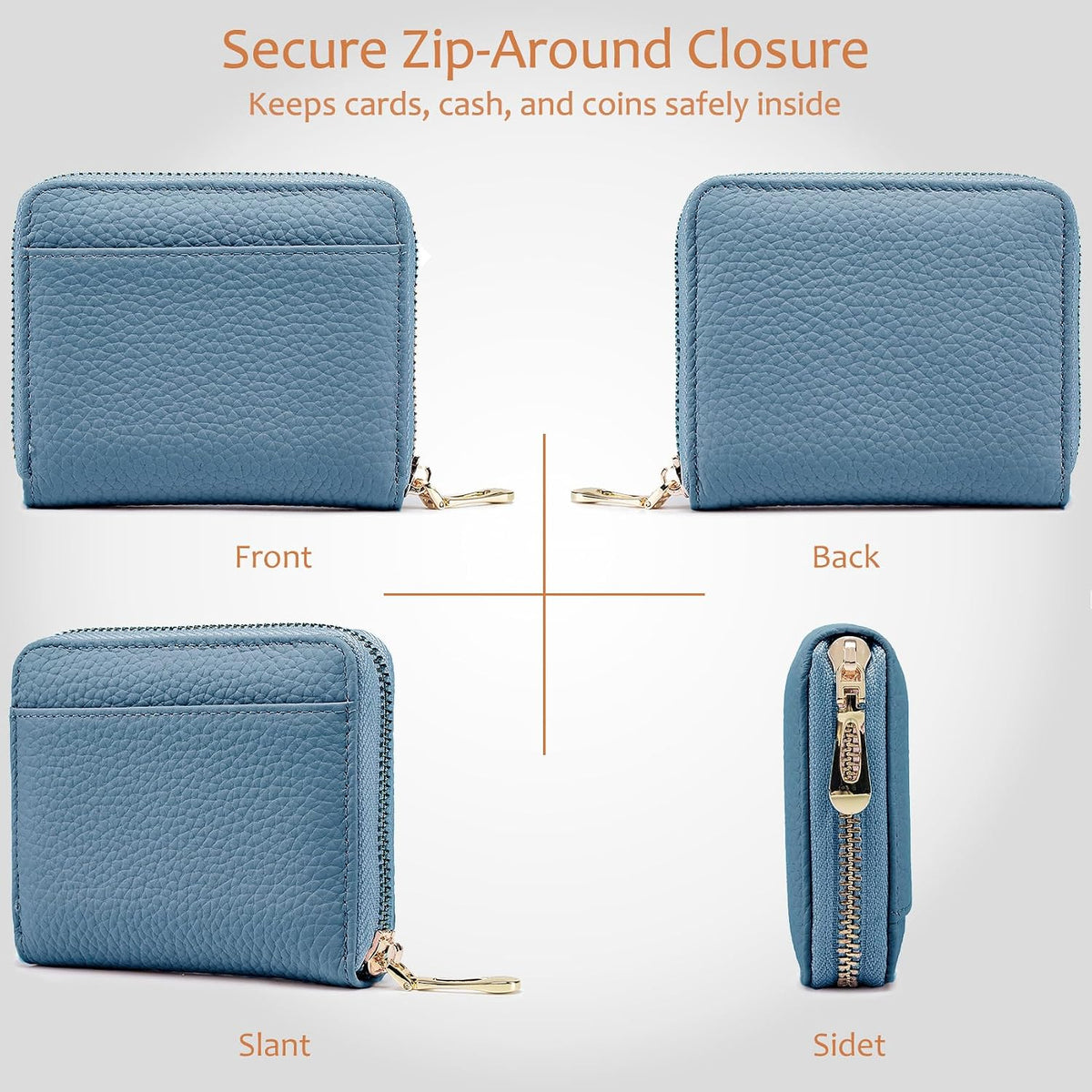 Small Leather Zipper Travel Wallet for Womens with RFID Blocking