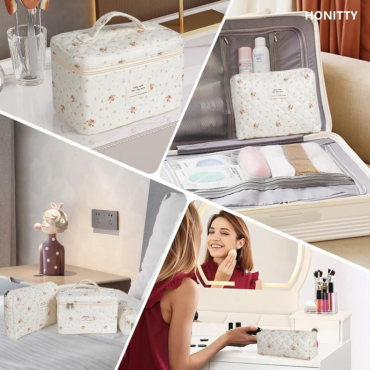 honitty Makeup Bag,Quilted Cosmetic Bags for Women