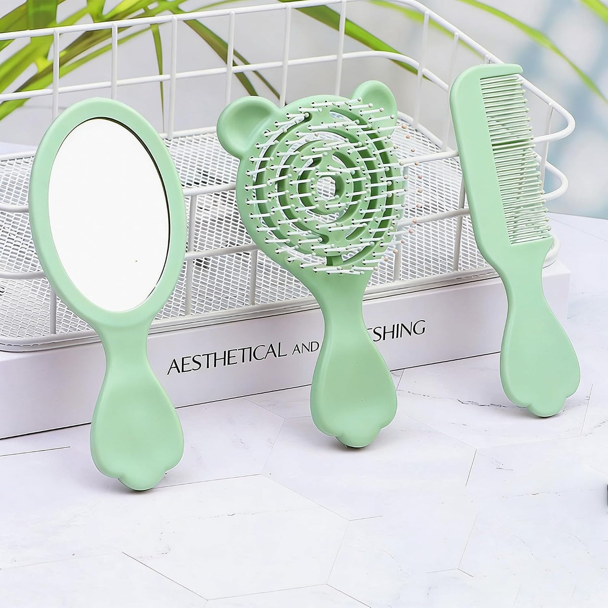 4 Pieces Mini Wet Hair Brush Hair Comb Set For Women Girls Kids Toddler Small Travel Hair Combs Brushes Handheld Mirror Set Hair Care Gift Sets Detangling Massage HairBrush with Air Cushion (Green)