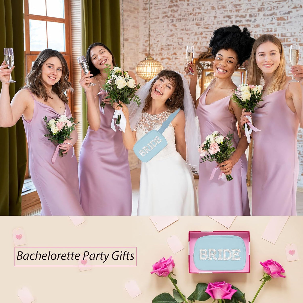 Lamyba Bride to be Gifts, Bridal Shower Gifts, Pearl Patch Bride Fanny Pack for Bachelorette Party Wedding day, Adjustable Strap Waterproof Mrs Crossbody Bag, Blue