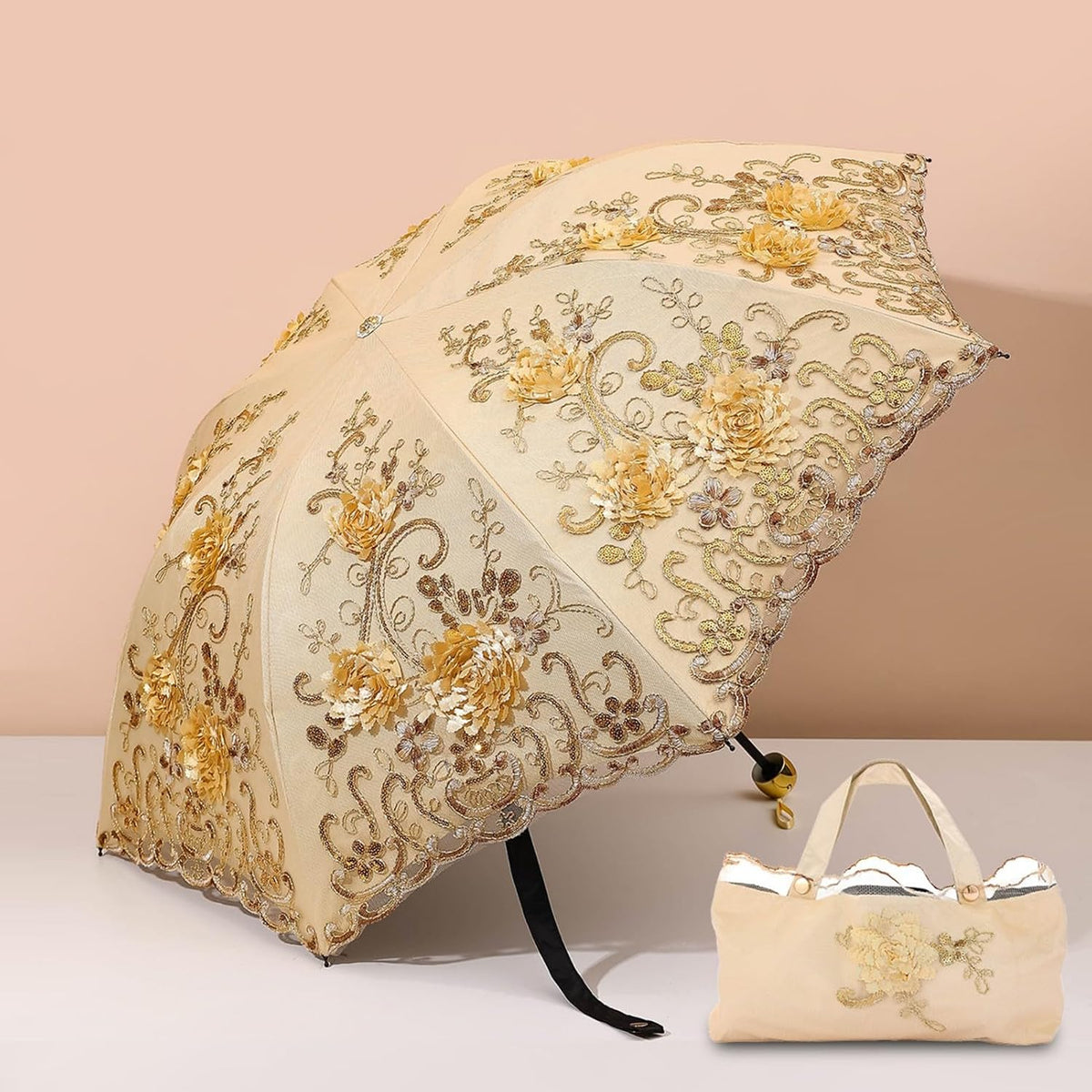 Foldable Lace Sun Parasol UPF 50+ UV Protection Flower Embroidery Vintage Umbrella