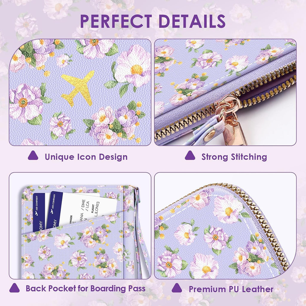 KONVINIT Purple Passport Holder For Travel, RFID Blocking Leather Passport Cover For Women, Cute Passport Wallet with Zipper Closure