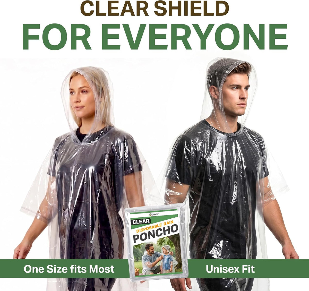 Evelots Rain Poncho for Adults - Disposable Raincoats with Hood - Unisex, Durable Thick Clear Plastic