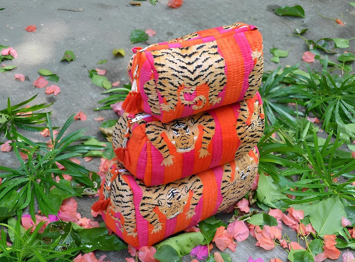 INDACORIFY Tiger Print Makeup Bag Set of 3 Pieces Indian Cotton Toiletry Bag Make up Pouch Travel Bag Quilted Wash Bag Shaving Cotton Cosmetic Kit