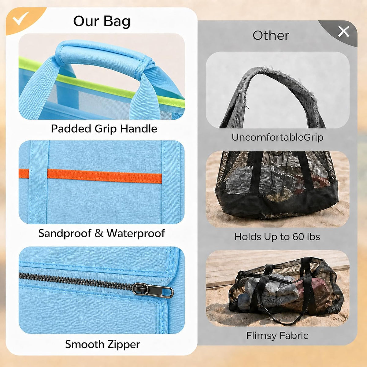 UBasic UBsic Mesh Beach Bag with Zipper Large Tote Foldable Mesh Travel Bag