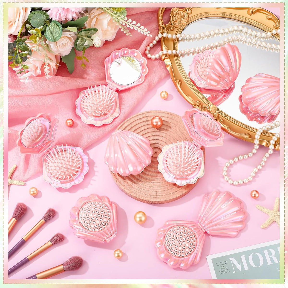 AceOrbit 6 Pcs Mermaid Party Favors Foldable Shell Hair Brush with Mirror Mini Travel Pocket Compact Hair Brush Makeup Comb for Women Girls Birthday Party Gifts(Pink)