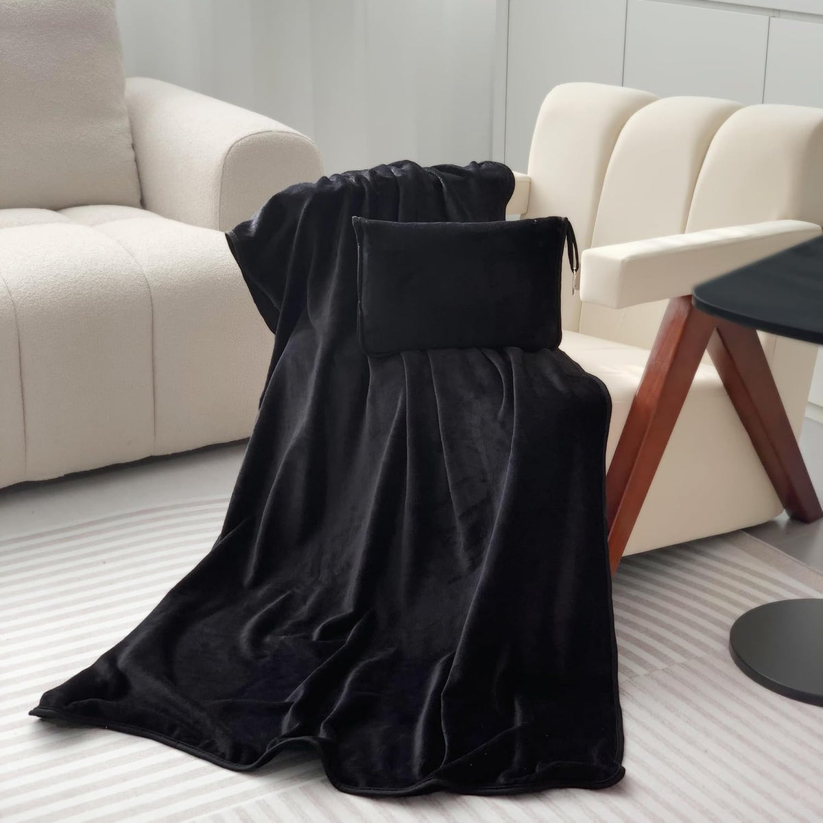 ShezPretty Premium 2in1 Soft Travel Blanket Pillow with Airline Hand Luggage Sleeve and Backpack Clip Airplane (Black)