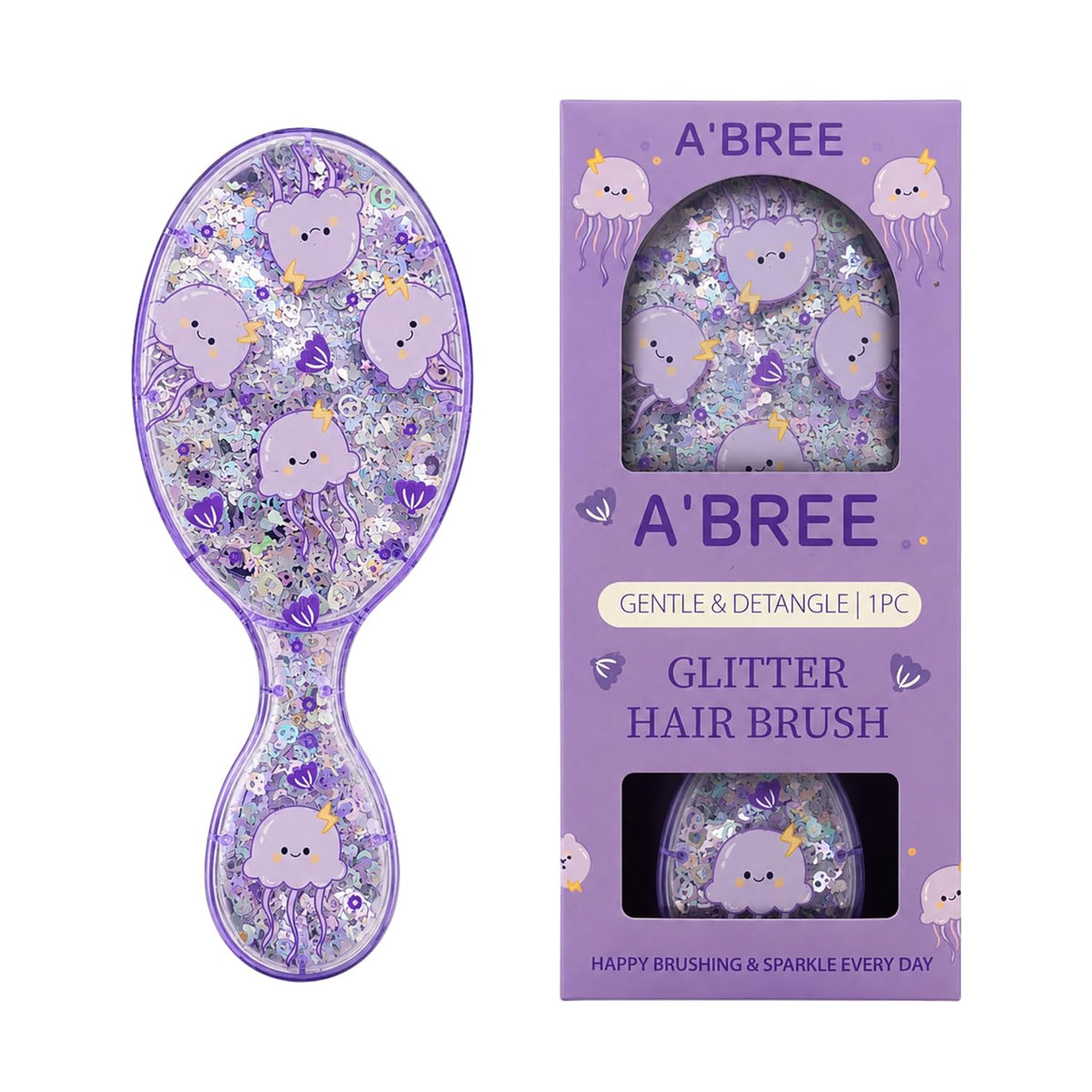 A'BREE Mini Glitter Detangling Hair Brush for Kids Girls Women – Gentle Wet and Dry Hairbrush, Travel Sized Tangle Free Knot Tamer for Toddler, Adorable Character Glitter Design (Royal Purple)