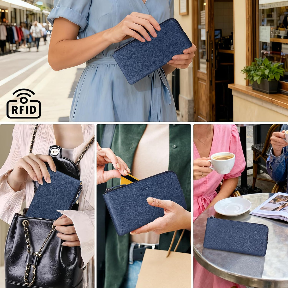 VISOUL Long Zipper Cash Wallet for Women with Removable Credit Card Holder Soft Genuine Pebbled Leather Contrast Color-Blue and Yellow