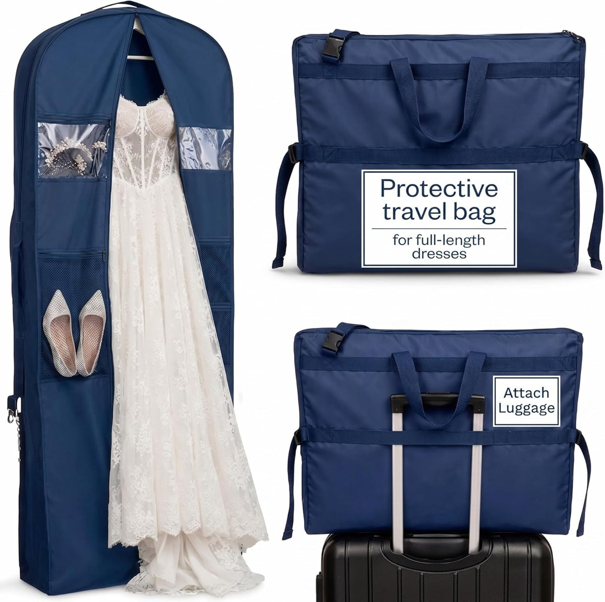 Wedding Dress Garment Bag 72" – Waterproof Trifold Travel Garment Bag for Bridal Gown with Shoulder Strap, Suitcase Sleeve & Accessory Pockets – Fits Full Skirts, Oxford Fabric, Carry Handle (Navy)