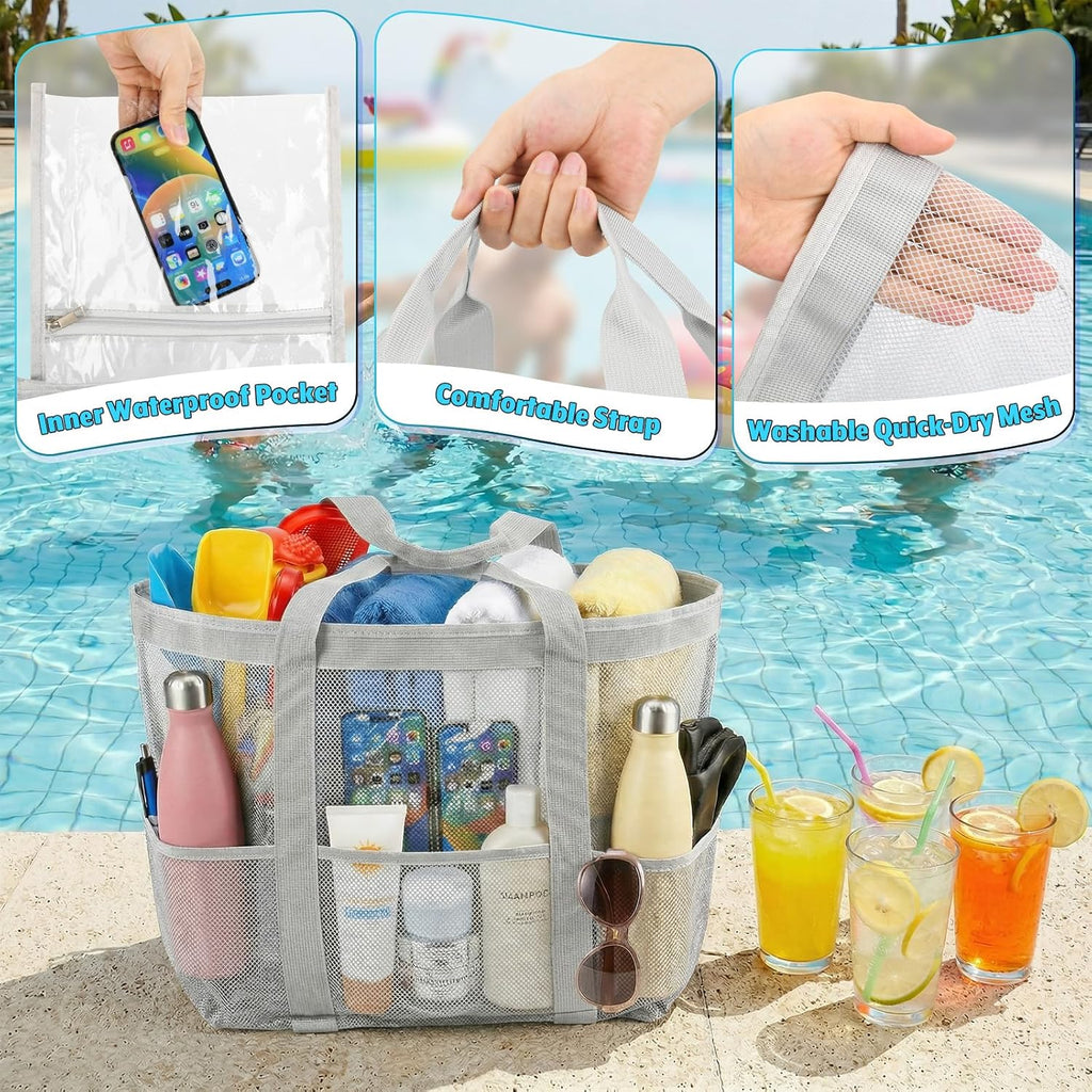 Large Beach Bag for Women, Mesh Beach Tote with Waterproof Pocket, Quick Dry Swim Tote Bag for Family Travel Vacation