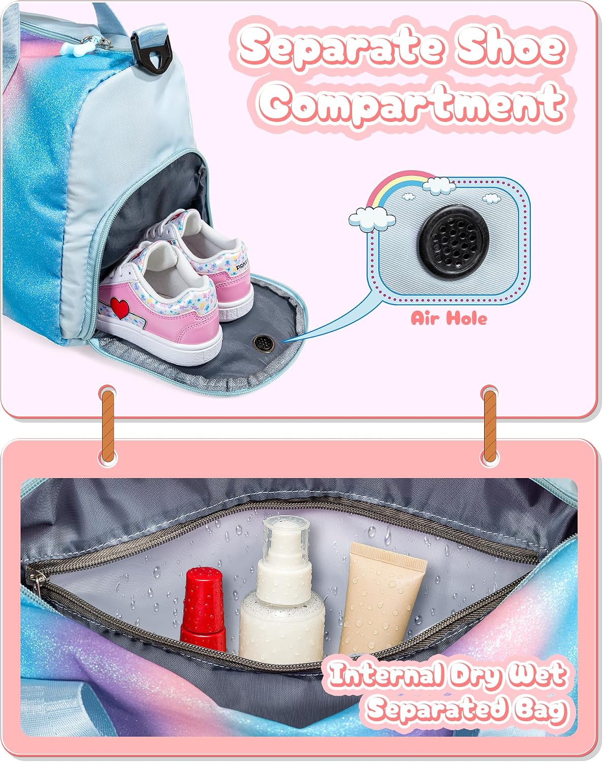 Girl Day Gifts-Girl Gym Bag with Shoe Compartment Girls Duffle Bag