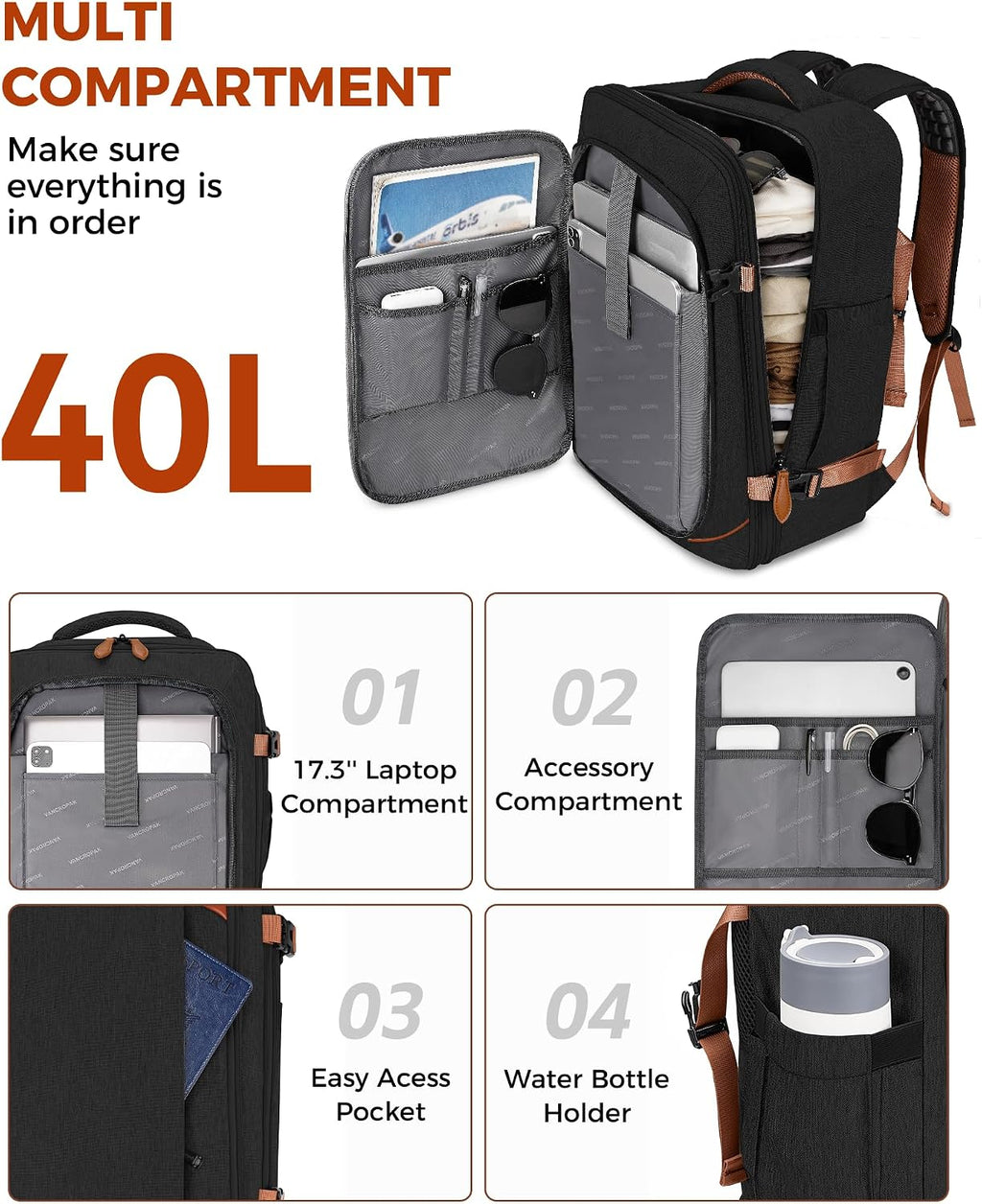 Vancropak 40L Travel Backpack for Men, Flight Approved Carry on Backpack