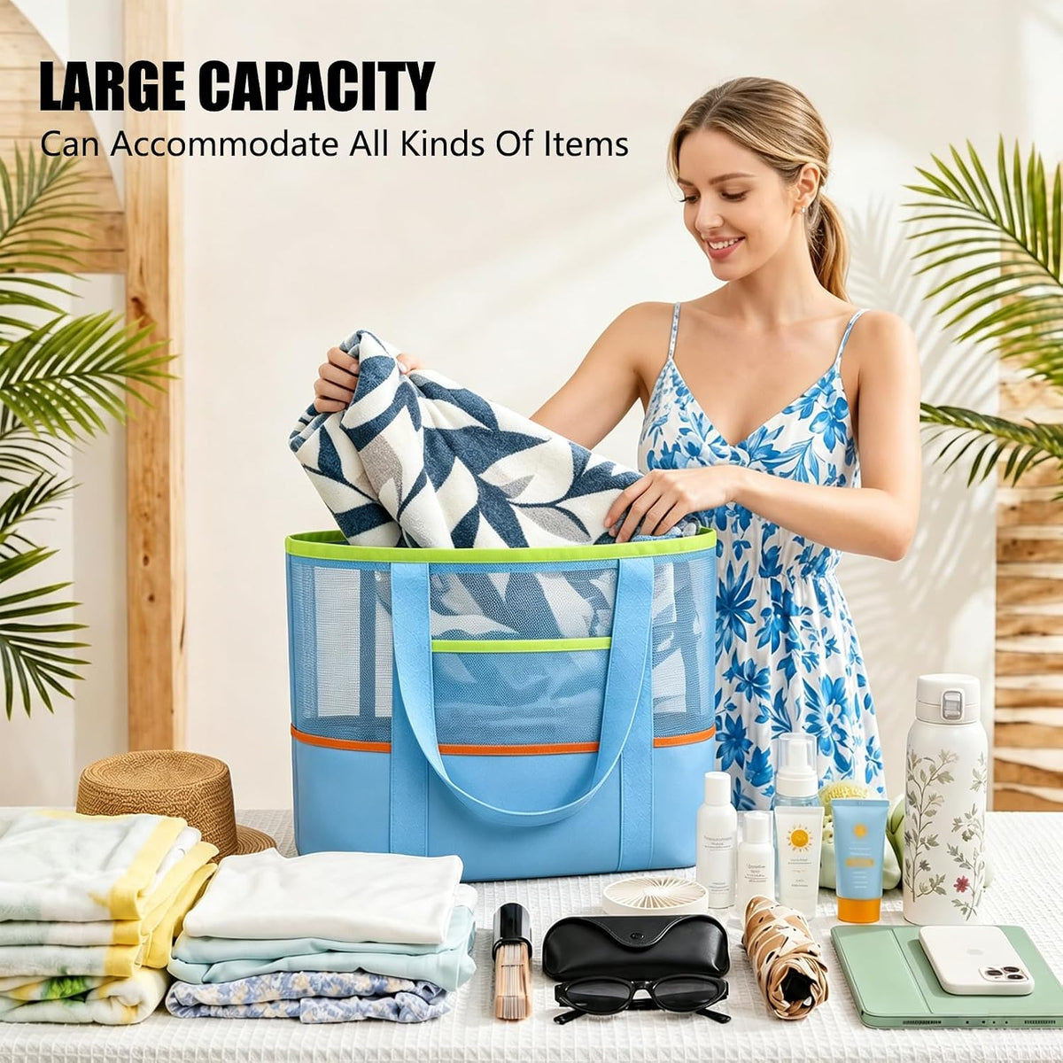 UBasic UBsic Mesh Beach Bag with Zipper Large Tote Foldable Mesh Travel Bag
