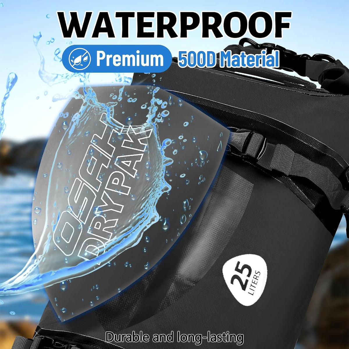 OSAH DRYPAK 25L Waterproof Dry Bag - Motorcycle Luggage Tail Bag with Straps for Back Seat, Roll Top Lightweight Waterproof Backpack Sack for Travel, Swimming, Boating, Kayaking, Camping and Beach
