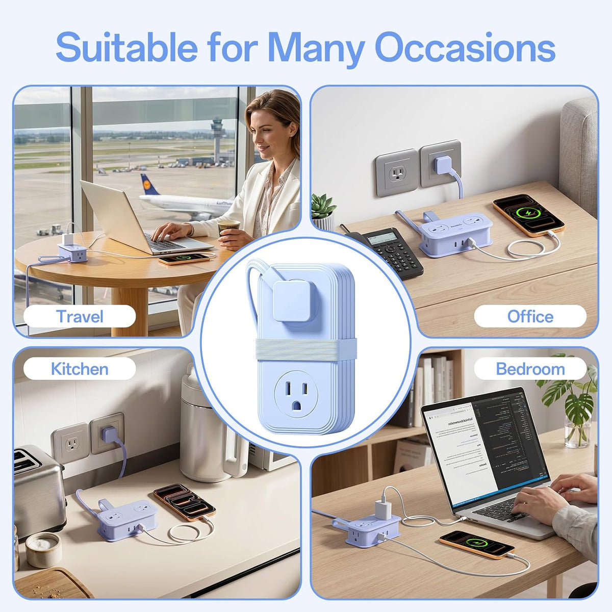 Travel Power Strip, SMALLRT Extension Cord with Multiple Outlets, 6.5FT Wrapped Extension Flat Plug Power Strip with 4 AC Outlets for Travel, Hotel, Cruise Approved, No Surge Protection, Blue