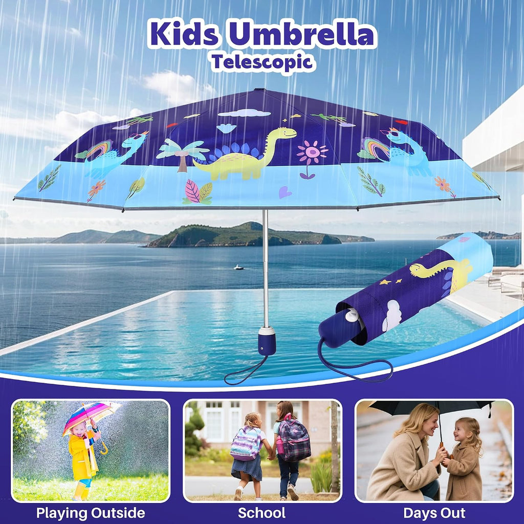 Kids Umbrella for Girls & Boys, Foldable Telescopic Cute Umbrella for Toddler with Auto Open/Close , Anti-UV Safe Design Children Travel Umbrellas 360° Reflective Strip, Compact & Lightweight & Durable Brolly